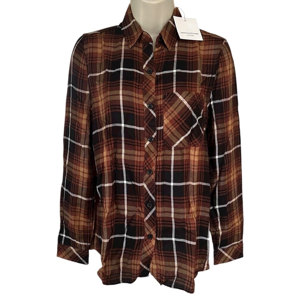 beachlunchlounge Women's Charley Plaid Button Down Shirt Size XS Golden Hour